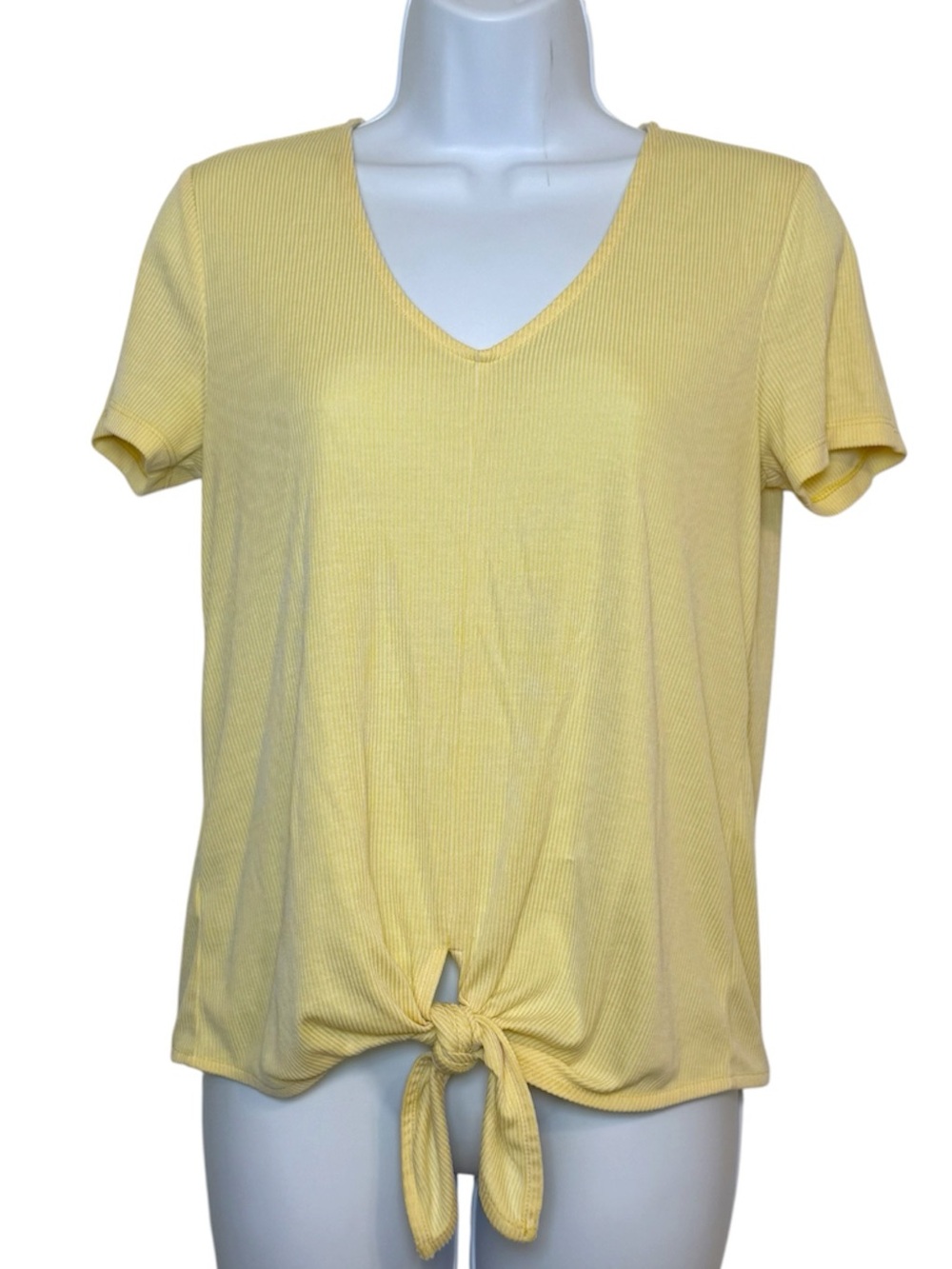 Ann Taylor Factory Yellow Ribbed Tie Front Top V-Neck Short Sleeve Modal Small